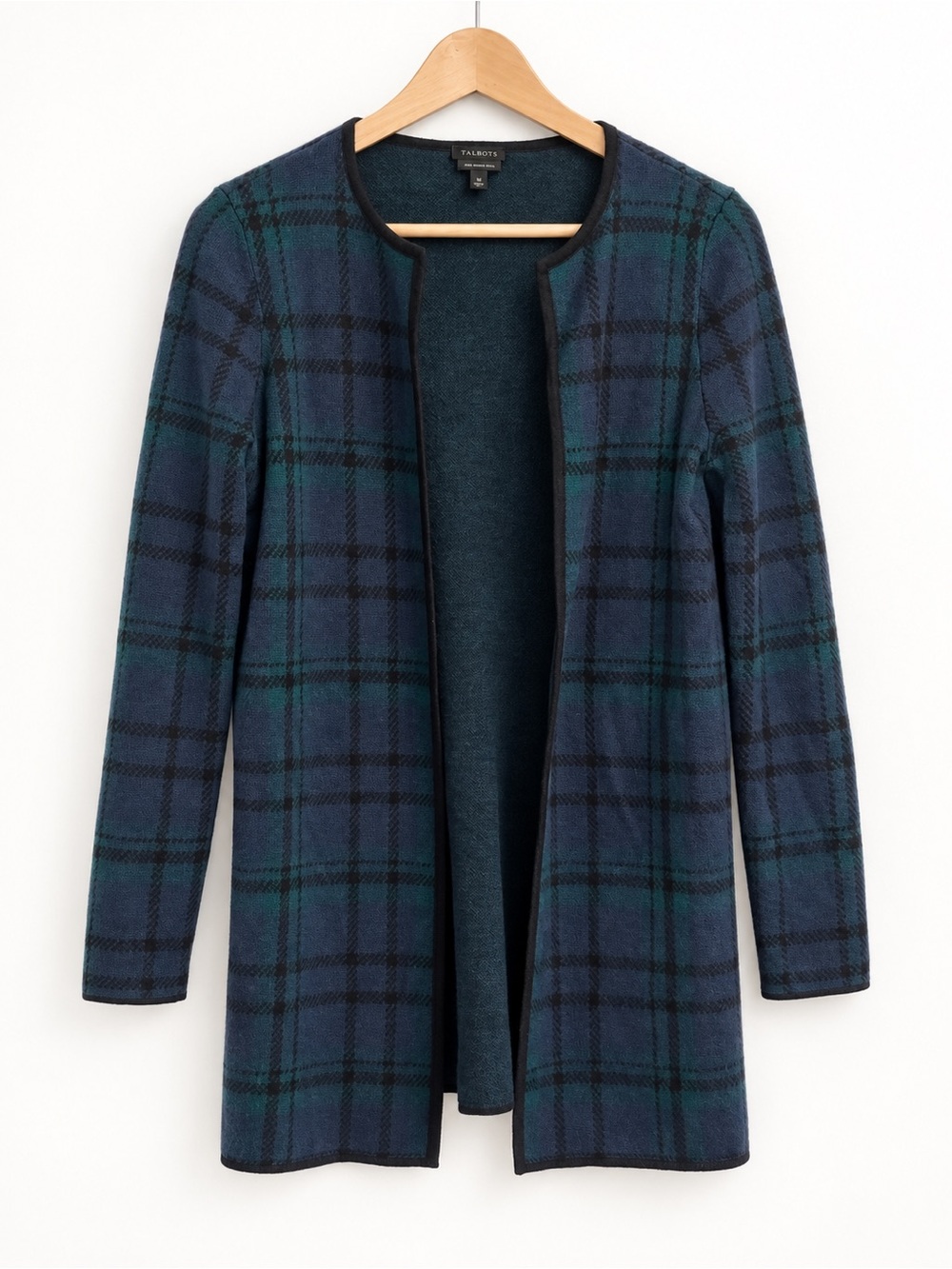 Talbots Navy and Green Plaid Open-Front Cardigan